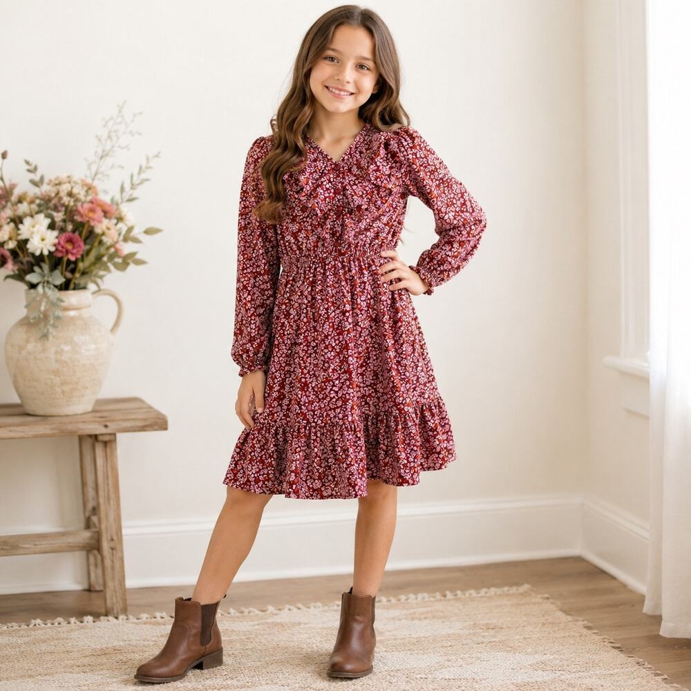 Thereabouts Girls Burgundy Floral Ruffle Boho Dress Size 10/12 M